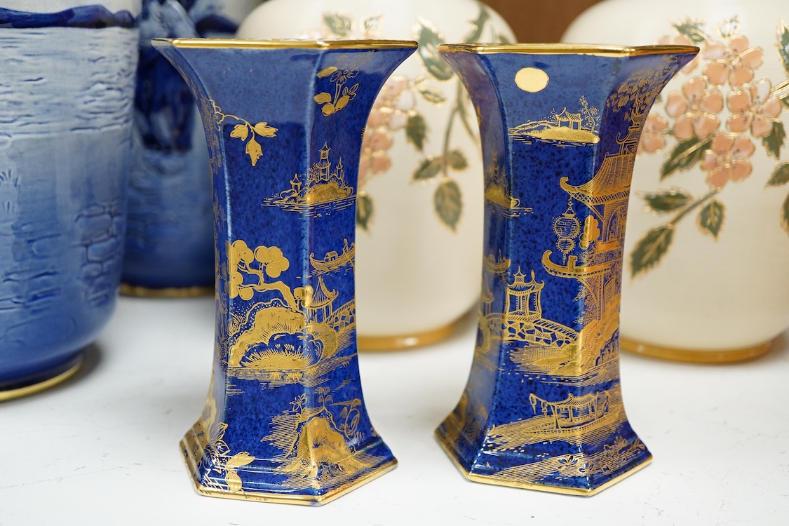 Three pairs of vases to include hexagonal Wilton ware and Delft blue and white, largest 26cm high